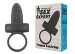 Чёрное эрекционное кольцо с вибрацией и язычком Sex Expert - фото 88741