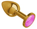 Золотистая анальная втулка с розовым кристаллом - 7 см.  - фото 1400302