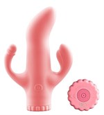 Розовый вибратор с клиторальным и анальным отростками - 15,2 см. - фото 160636