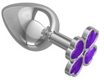 Серебристая анальная пробка-клевер с фиолетовым кристаллом - 9,5 см. - фото 62659